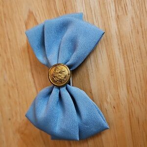 Blue Bow with Gold Button Accent